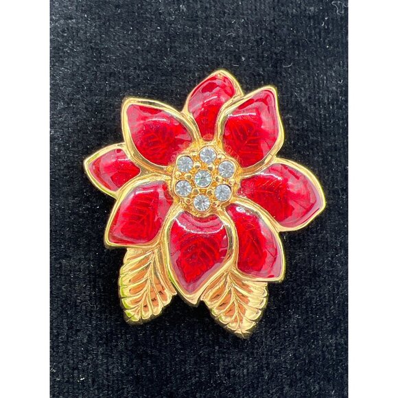 Vintage Monet Red & Gold Poinsettia Brooch With Rhinestone Accents - Picture 3 of 7
